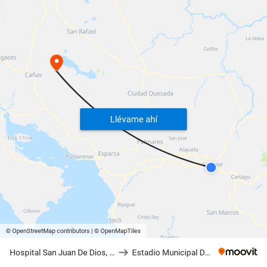 Hospital San Juan De Dios, San José to Estadio Municipal De Tilarán map