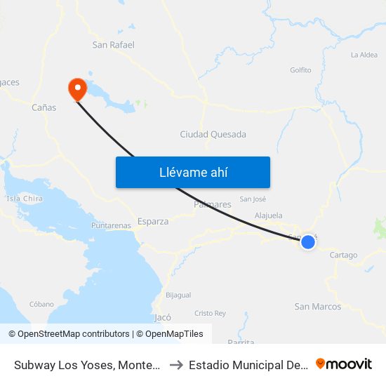 Subway Los Yoses, Montes De Oca to Estadio Municipal De Tilarán map