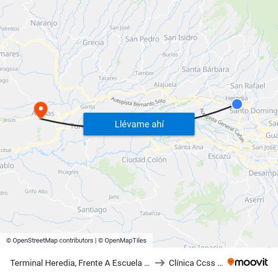 Terminal Heredia, Frente A Escuela Braulio Morales to Clínica Ccss Atenas map