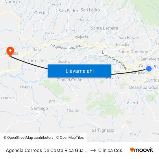 Agencia Correos De Costa Rica Guadalupe, Goicoechea to Clínica Ccss Atenas map