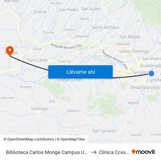 Biblioteca Carlos Monge Campus Ucr, Montes De Oca to Clínica Ccss Atenas map
