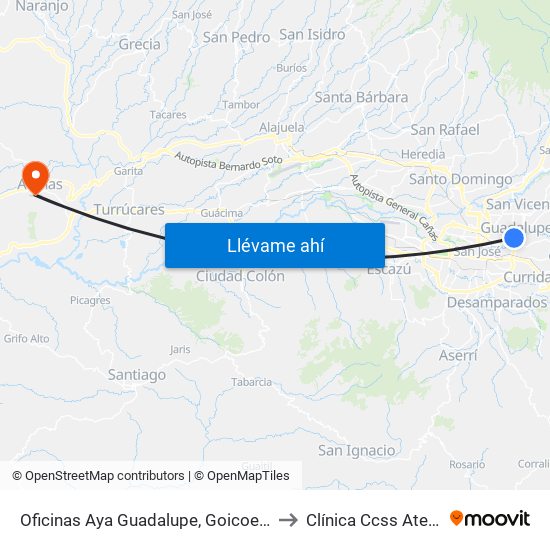 Oficinas Aya Guadalupe, Goicoechea to Clínica Ccss Atenas map