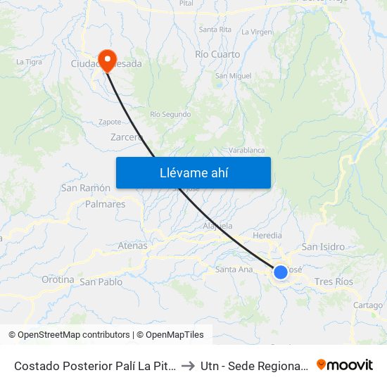 Costado Posterior Palí La Pitahaya, San José to Utn - Sede Regional San Carlos map