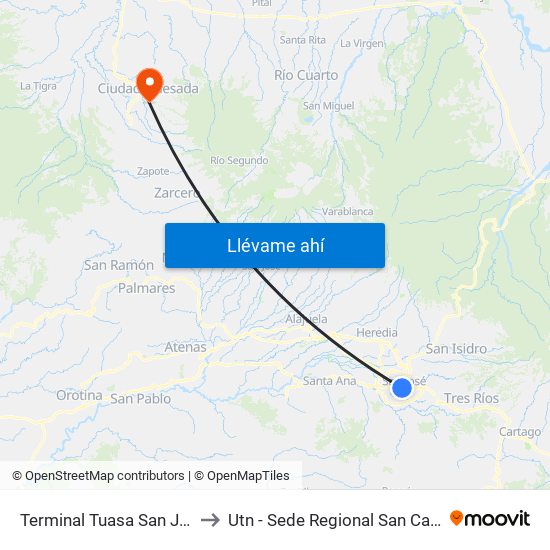 Terminal Tuasa San José to Utn - Sede Regional San Carlos map