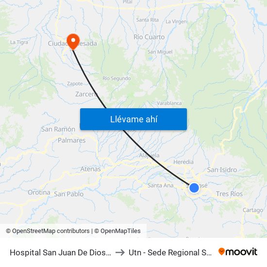 Hospital San Juan De Dios, San José to Utn - Sede Regional San Carlos map