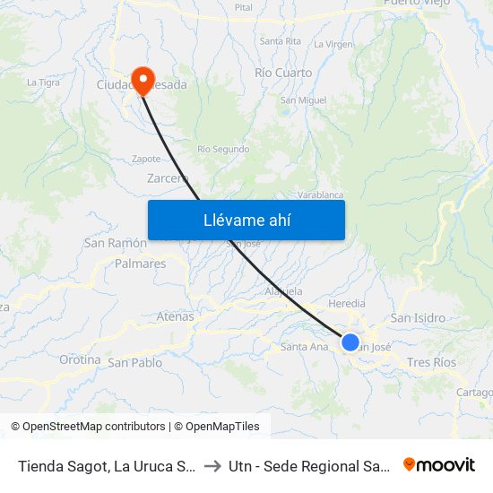 Tienda Sagot, La Uruca San José to Utn - Sede Regional San Carlos map