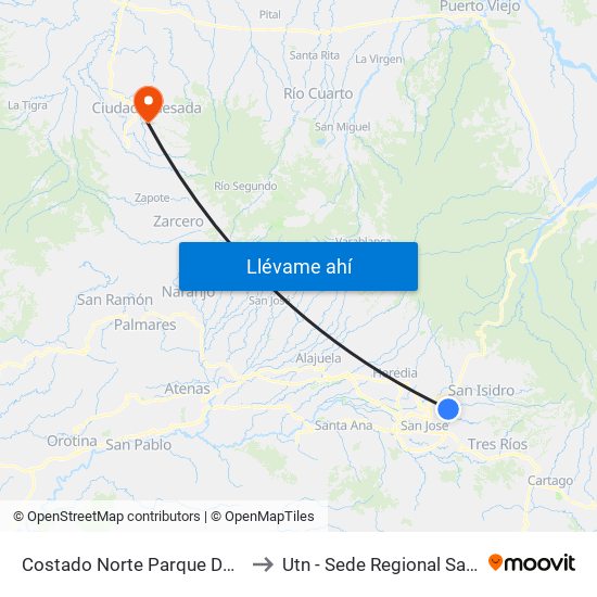 Costado Norte Parque De Moravia to Utn - Sede Regional San Carlos map