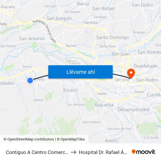 Contiguo A Centro Comercial Santa Ana Town Center to Hospital Dr. Rafael Ángel Calderón Guardia map