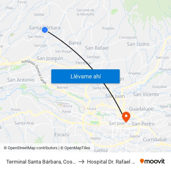 Terminal Santa Bárbara, Costado Sur Parque Santa Bárbara to Hospital Dr. Rafael Ángel Calderón Guardia map