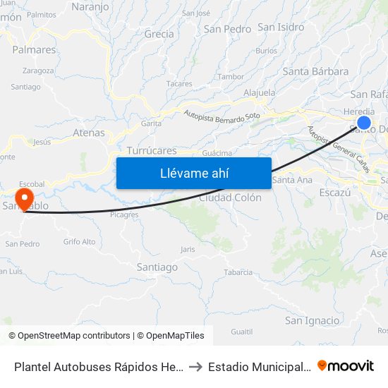 Plantel Autobuses Rápidos Heredianos, Pirro Heredia to Estadio Municipal De Turrubares map