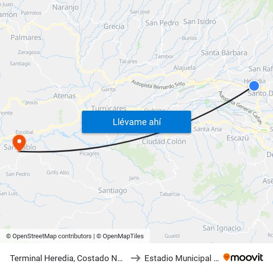 Terminal Heredia, Costado Norte Mercado Heredia to Estadio Municipal De Turrubares map