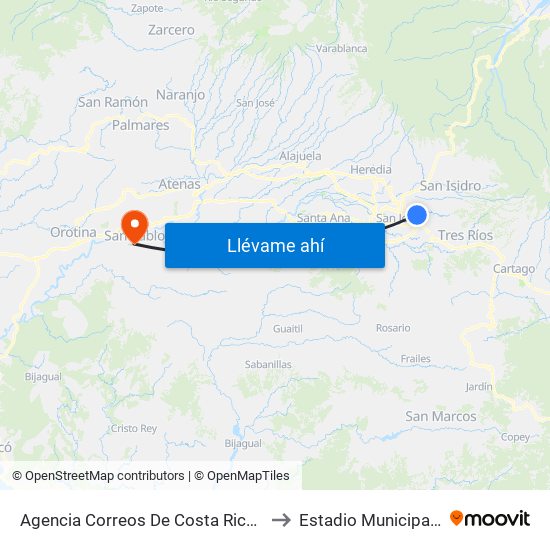 Agencia Correos De Costa Rica Guadalupe, Goicoechea to Estadio Municipal De Turrubares map