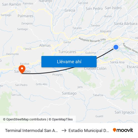 Terminal Intermodal San Antonio De Belén to Estadio Municipal De Turrubares map