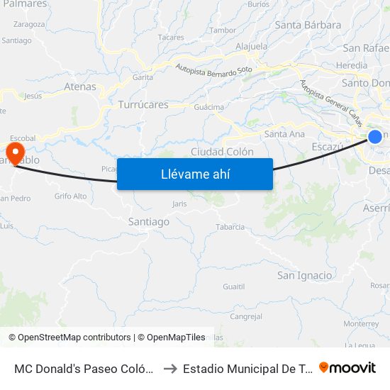 MC Donald's Paseo Colón, San José to Estadio Municipal De Turrubares map