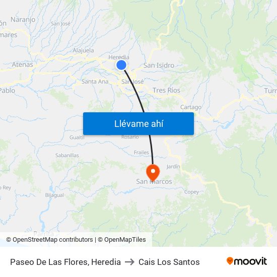 Paseo De Las Flores, Heredia to Cais Los Santos map