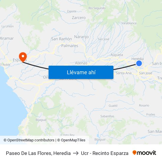 Paseo De Las Flores, Heredia to Ucr - Recinto Esparza map