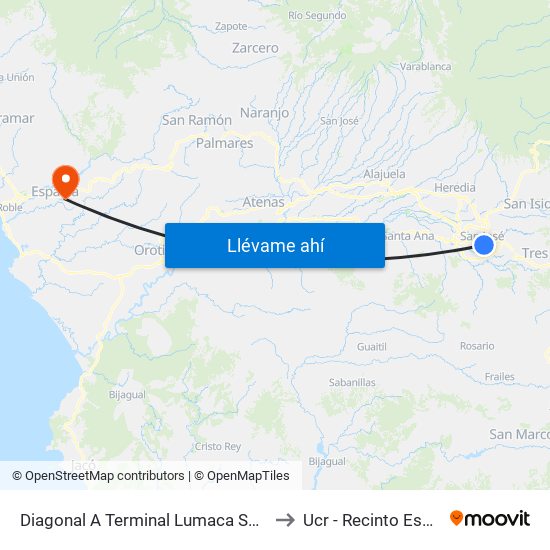 Diagonal A Terminal Lumaca San José to Ucr - Recinto Esparza map