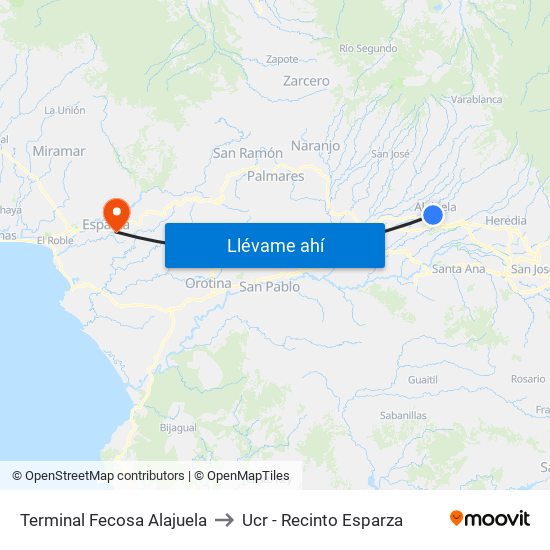 Terminal Fecosa Alajuela to Ucr - Recinto Esparza map