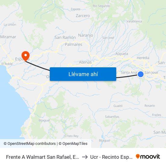 Frente A Walmart San Rafael, Escazú to Ucr - Recinto Esparza map
