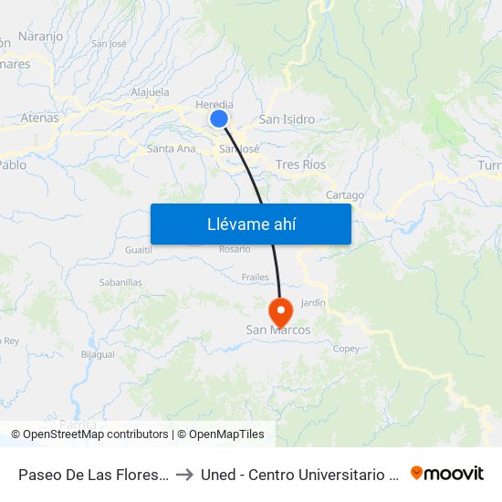 Paseo De Las Flores, Heredia to Uned - Centro Universitario San Marcos map