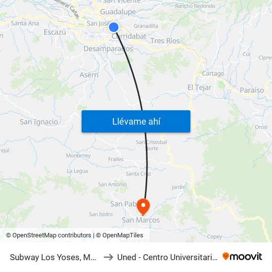 Subway Los Yoses, Montes De Oca to Uned - Centro Universitario San Marcos map