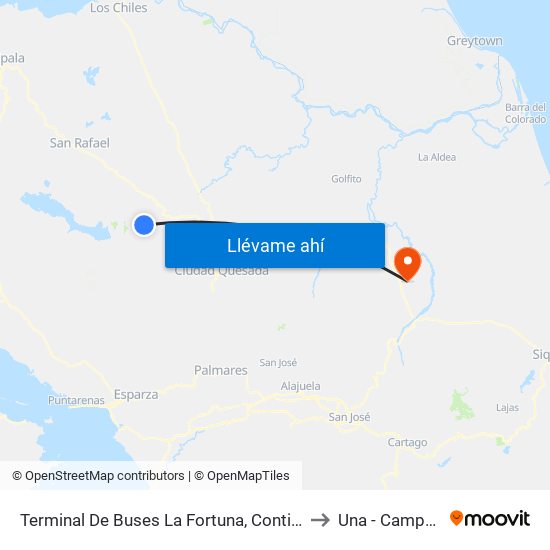 Terminal De Buses La Fortuna, Contiguo A Megasuper La Fortuna to Una - Campus Sarapiquí map