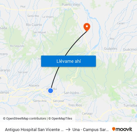 Antiguo Hospital San Vicente De Paul to Una - Campus Sarapiquí map