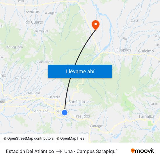 Estación Del Atlántico to Una - Campus Sarapiquí map