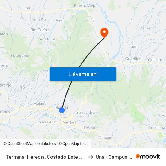 Terminal Heredia, Costado Este Parque El Carmén to Una - Campus Sarapiquí map