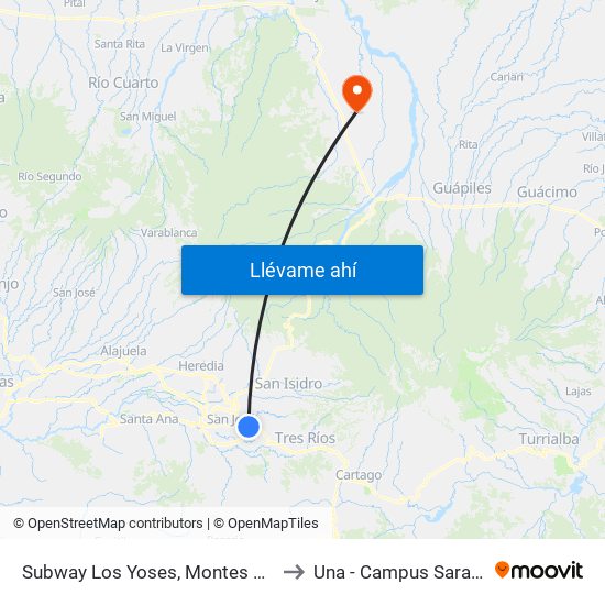 Subway Los Yoses, Montes De Oca to Una - Campus Sarapiquí map