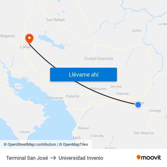 Terminal San José to Universidad Invenio map