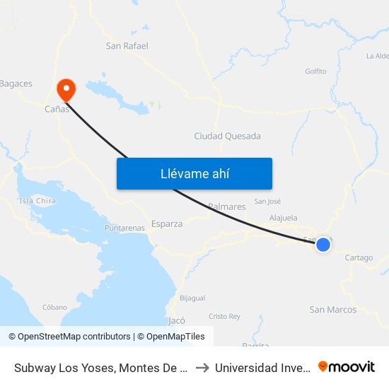 Subway Los Yoses, Montes De Oca to Universidad Invenio map