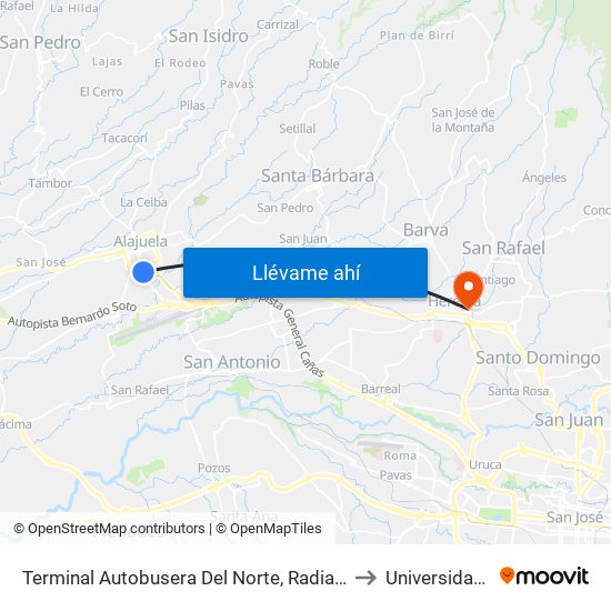 Terminal Autobusera Del Norte, Radial Francisco J. Orlich Alajuela to Universidad Nacional map