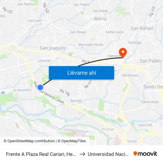Frente A Plaza Real Cariari, Heredia to Universidad Nacional map