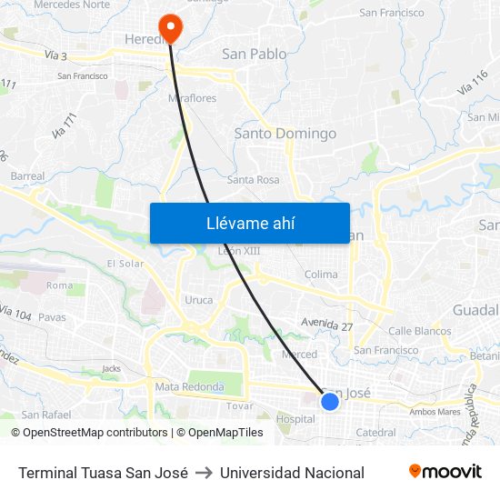 Terminal Tuasa San José to Universidad Nacional map