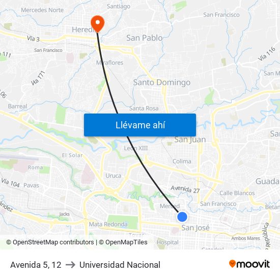 Avenida 5, 12 to Universidad Nacional map