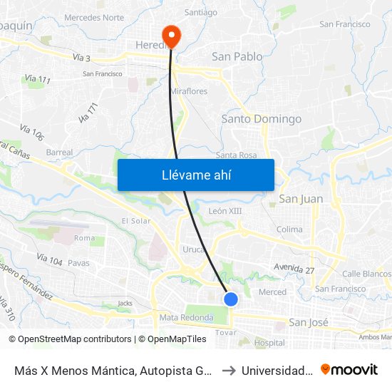 Más X Menos Mántica, Autopista General Cañas San José to Universidad Nacional map