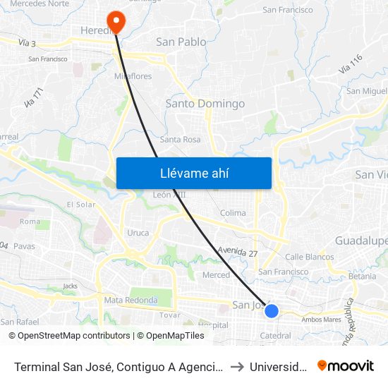 Terminal San José, Contiguo A Agencia Western Union Avenida Segunda to Universidad Nacional map