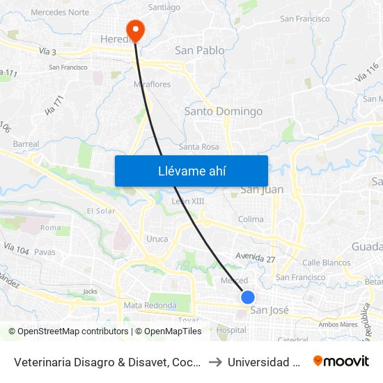Veterinaria Disagro & Disavet, Coca Cola San José to Universidad Nacional map