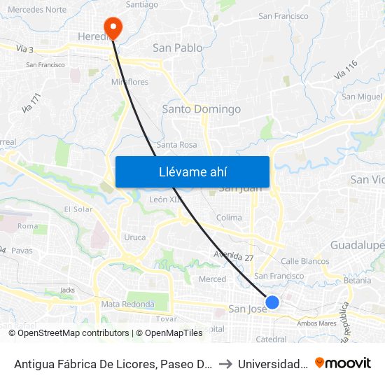 Antigua Fábrica De Licores, Paseo De Las Damas San José to Universidad Nacional map