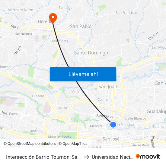 Intersección Barrio Tournon, San José to Universidad Nacional map