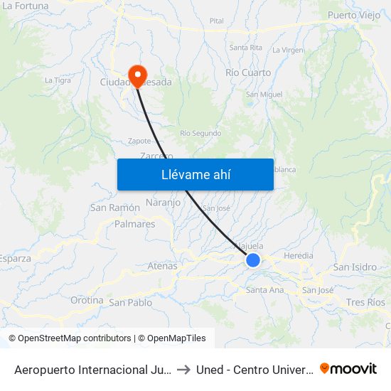Aeropuerto Internacional Juan Santamaría, Alajuela to Uned - Centro Universitario San Carlos map