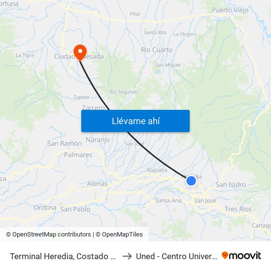 Terminal Heredia, Costado Norte Mercado Heredia to Uned - Centro Universitario San Carlos map