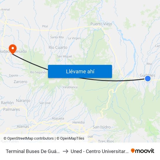 Terminal Buses De Guápiles, Pococí to Uned - Centro Universitario San Carlos map