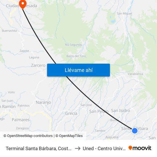 Terminal Santa Bárbara, Costado Sur Parque Santa Bárbara to Uned - Centro Universitario San Carlos map