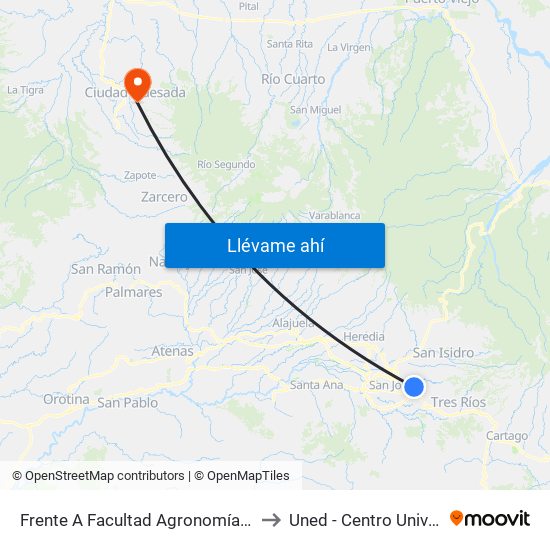 Frente A Facultad Agronomía Campus Ucr, Montes De Oca to Uned - Centro Universitario San Carlos map