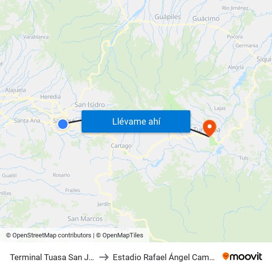 Terminal Tuasa San José to Estadio Rafael Ángel Camacho map