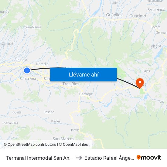 Terminal Intermodal San Antonio De Belén to Estadio Rafael Ángel Camacho map