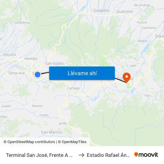 Terminal San José, Frente A Mercado Coca Cola to Estadio Rafael Ángel Camacho map