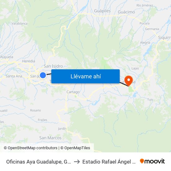 Oficinas Aya Guadalupe, Goicoechea to Estadio Rafael Ángel Camacho map